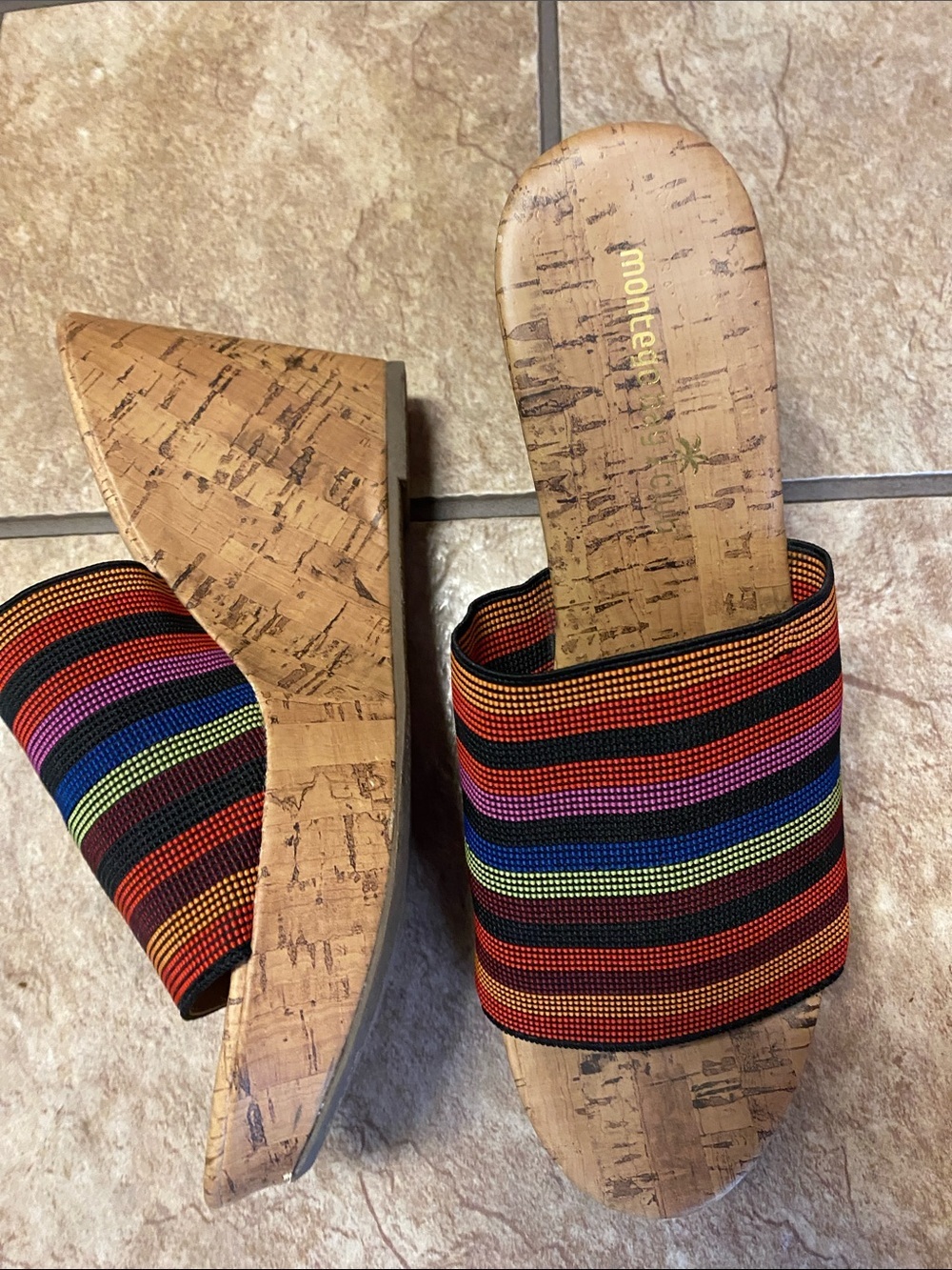 Multicolor Striped Cork Wedge Slide Heels-6 Festival Summer Vacation
